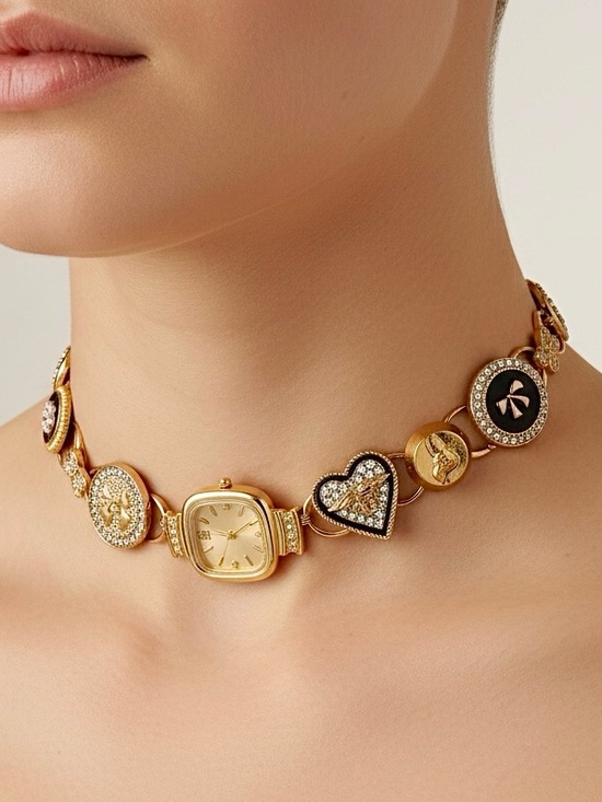 Accessories - Gold Watch Charm Necklace Crystal Heart Y2K Luxe Statement Choker
